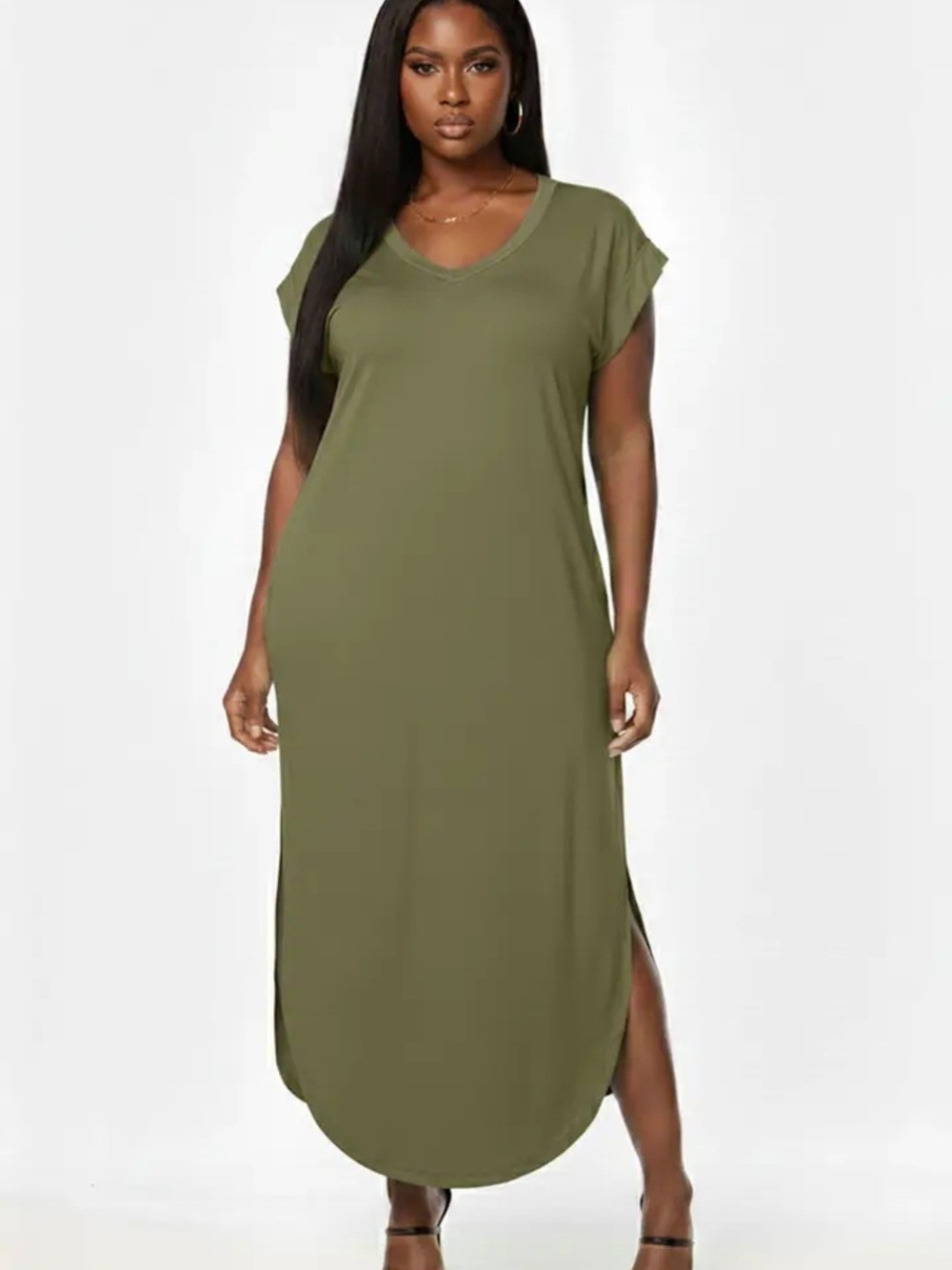 Olive Green Maxi V-Neck T-Shirt Dress